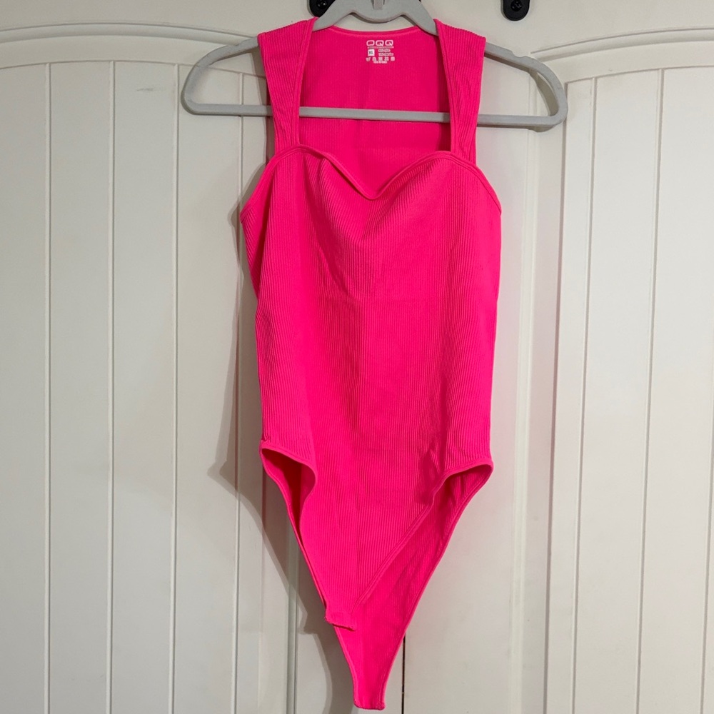 OQQ Women's Hot Pink Square Neck Ribbed Tummy Control Bodysuit NWOT. Size XL